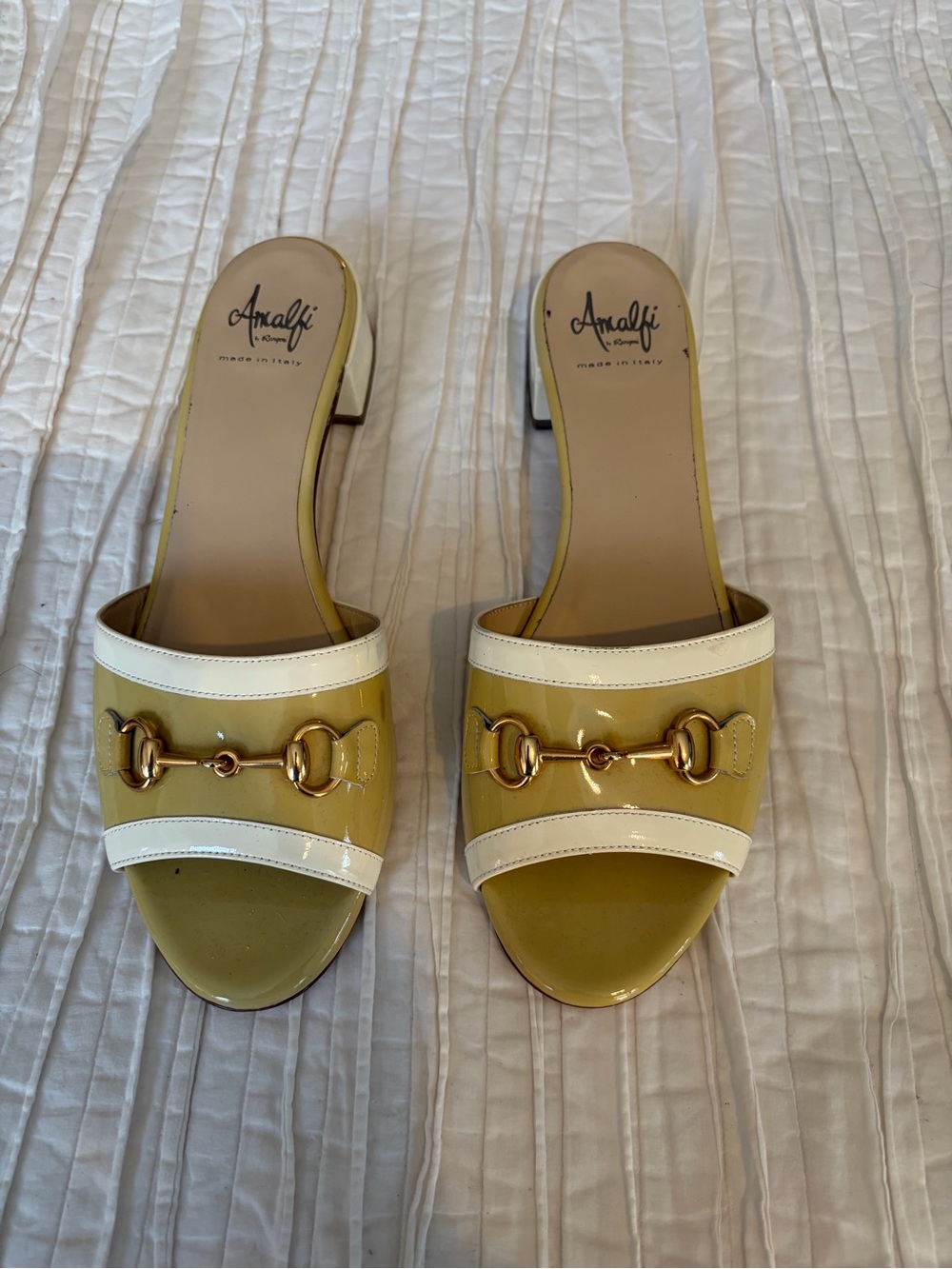 Amalfi Yellow and White Patent Slide Mules with Gold Bit